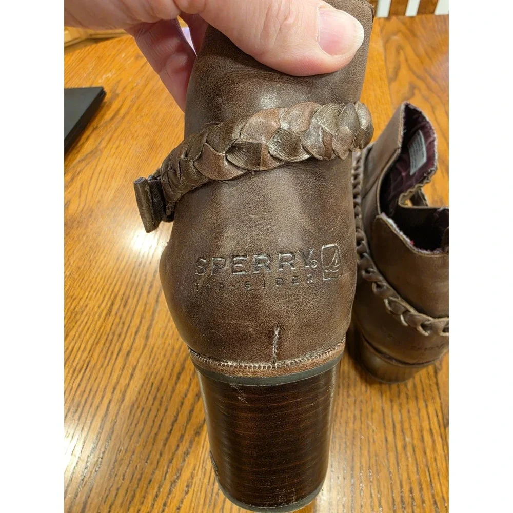 Sperry Womens Brown Leather Strap Wedge Ankle Boots Size 12 Western Boho Cowgirl
